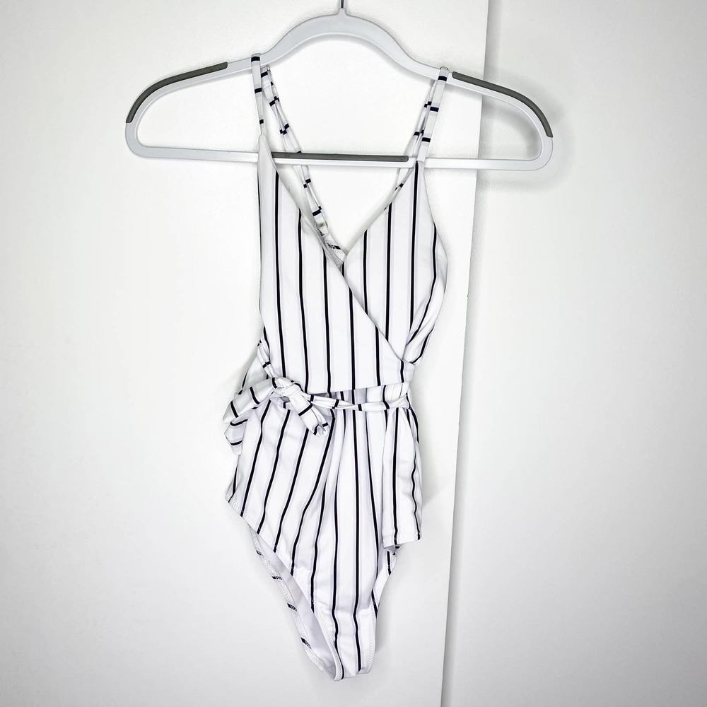 Cupshe Stay Young Striped Wrap Around V Neck One Piece Monokini Swimsuit Small
